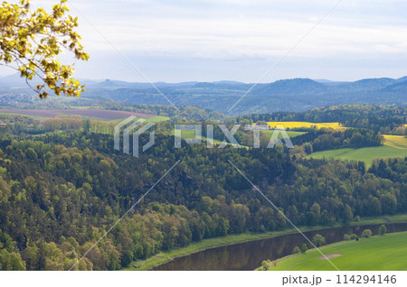 Beautiful summer view of Elbe river from Bastei view pont. Colorful morning scene of Saxon Switzerland national park, Germany, Europe. Beautiful summer view of Elbe river from Bastei view pont. Colorful morning scene of Saxon Switzerland national park, Germany, Europe. 114294146