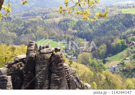 Beautiful summer view of Elbe river from Bastei view pont. Colorful morning scene of Saxon Switzerland national park, Germany, Europe. Beautiful summer view of Elbe river from Bastei view pont. Colorful morning scene of Saxon Switzerland national park, Germany, Europe. 114294147