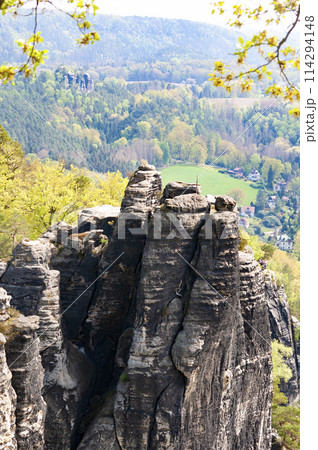 Beautiful summer view of Elbe river from Bastei view pont. Colorful morning scene of Saxon Switzerland national park, Germany, Europe. 114294148