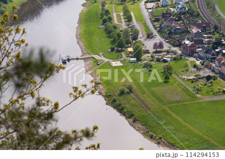 Beautiful summer view of Elbe river from Bastei view pont. Colorful morning scene of Saxon Switzerland national park, Germany, Europe. 114294153