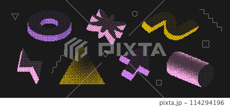 Bitmap textured shape set. Dither halftone objects collection. Colorful cylinder, arrow, bolt, ring, wave, triangle elements for banner, poster, leaflet. Pixelated 3d raster effect bundle. Vector pack 114294196