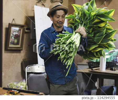 植物の出荷作業をする花卉生産者 114294555