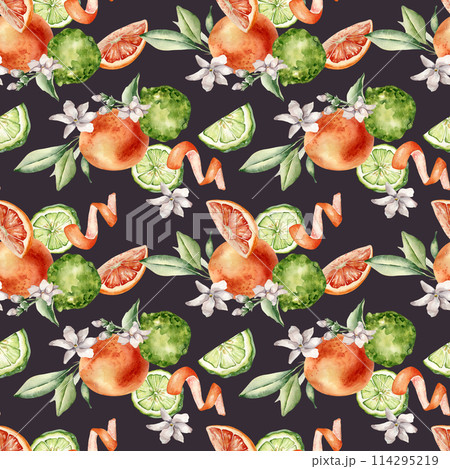 Jasmine flowers with citrus fruits grapefruit and bergamot watercolor seamless pattern isolated. Hand drawn summer plants orange and green colors in botanical sketch style for wrapping paper, textile 114295219