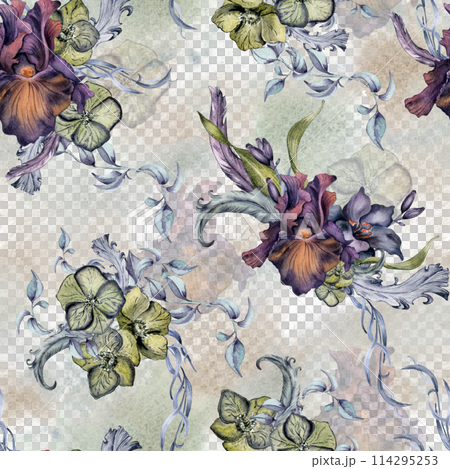 Black floral arrangement and feathers isolated on watercolor spots. Gothic flowers seamless pattern drawn. Dark botanical print with lily, iris. Element for package, wedding, Valentine background 114295253