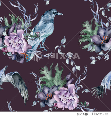 Gothic floral seamless pattern with crow drawn. Black lily, peony flowers watercolor illustration isolated on black. Dark botanical decoration with black birds. Element for invitation, background 114295256