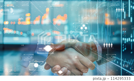 ハイテク企業環境で握手する 2 人のビジネスマン。デジタル社会で成功するイメージ。 114295333