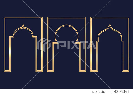 Ramadan Islamic arch frame. Vector Muslim traditional door illustration for wedding invitation post and templates. Golden frames in oriental style. Persian windows shapes set. Ramadan Islamic arch frame. Vector Muslim traditional door illustration for wedding invitation post and templates. Golden frames in oriental style. Persian windows shapes set. 114295361