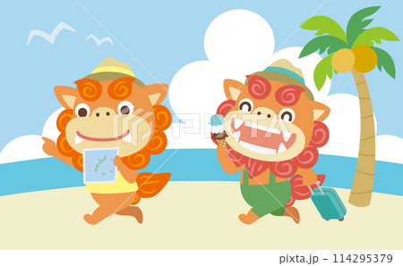 沖縄を旅行する可愛いシーサーと背景/ベクター/イラスト 沖縄を旅行する可愛いシーサーと背景/ベクター/イラスト 114295379