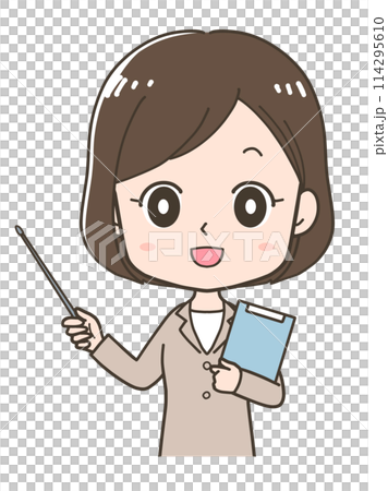 一位女商人用指點棒解釋的上半身插圖 一位女商人用指點棒解釋的上半身插圖 114295610