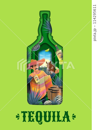 Tequila bottle paper cut banner of Mexican blue agave alcohol drink, vector background. Tequila bottle shape paper cut frame with Mexican charro man in sombrero, donkey and wooden barrel with limes 114295611