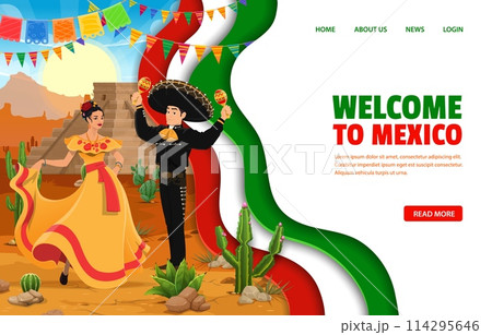 Mexico travel landing page with paper cut design with Mexican flag, vector template. Welcome to Mexico landing page with Aztec pyramid and Mariachi musician in sombrero for travel and tourism website 114295646