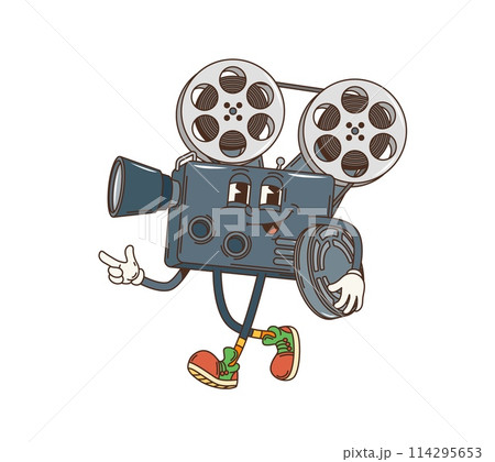 Groovy retro cartoon movie camera funky character with happy face, vector 70s hippie comic. Groovy funny camera with filmstrip of movie cinema theater, smiling retro video camera cartoon character 114295653