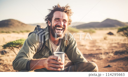 Poor, beggarly, hungry smiling white Caucasian guy man from Africa, thirsty to drink water. 114295663