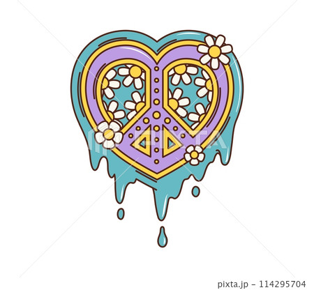 Cartoon retro groovy melting peace sign. Hippie heart with daisy flowers and drips in nostalgic psychedelic style of 60s and 70s. Isolated vector symbol of Valentines day, trip, love, romantic vibes Cartoon retro groovy melting peace sign. Hippie heart with daisy flowers and drips in nostalgic psychedelic style of 60s and 70s. Isolated vector symbol of Valentines day, trip, love, romantic vibes 114295704
