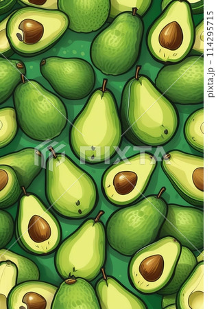 A vibrant pattern of green whole and halved avocados 114295715