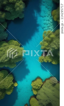 Aerial view of clear blue ocean with coastal plants and tree 114295717