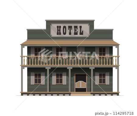 Western hotel building, wild west facade. Isolated vector rustic, wooden motel exterior structure with large porch, swinging saloon doors and a prominent signboard, adorned with vintage typography 114295718