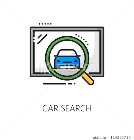 Auto dealer company, dealership car search line icon. Rental auto service, used vehicle shop or car sale center outline vector pictogram. Automobile official dealer linear sign with magnifying glass 114295719