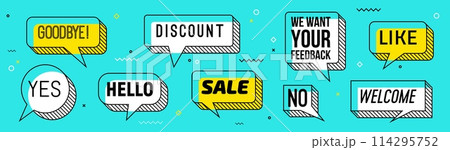 Memphis speech bubbles isolated vector set. White and yellow dialog clouds with thick outlines and typography goodbye, yes, hello and discount or sale, we want your feedback, no, like and welcome 114295752