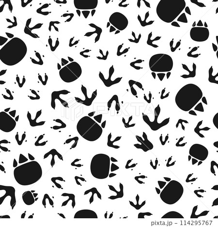 Dinosaur footprint seamless pattern. Vector background of dino foot print and paw track silhouettes. Jurassic animal traces monochrome pattern with prehistoric monsters footprints, dinosaur paw tracks Dinosaur footprint seamless pattern. Vector background of dino foot print and paw track silhouettes. Jurassic animal traces monochrome pattern with prehistoric monsters footprints, dinosaur paw tracks 114295767