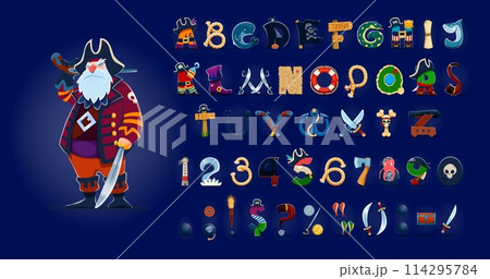 Cartoon pirate and corsair font, filibuster typeface, piracy type, fairytale english alphabet. Vector typography font letters and numbers, pirate captain character, piracy flag, skull and crossbones Cartoon pirate and corsair font, filibuster typeface, piracy type, fairytale english alphabet. Vector typography font letters and numbers, pirate captain character, piracy flag, skull and crossbones 114295784