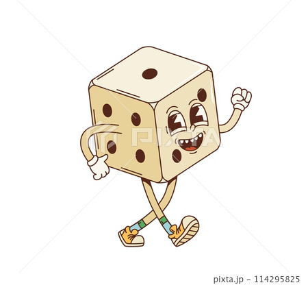 Groovy cartoon casino gambling dice retro character with face, vector comic. Groovy funny dice with funky freaky smile in hipster shoes, 70s hippie art cartoon character of Vegas casino gamble game 114295825
