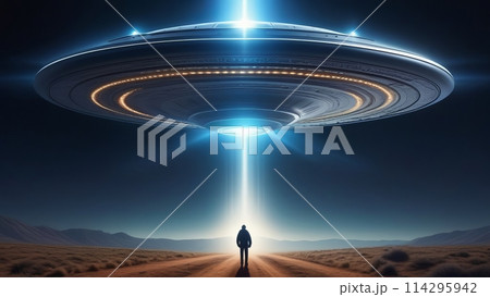 The silhouette of a man stands in landscape, in the beam of a huge ufo 114295942