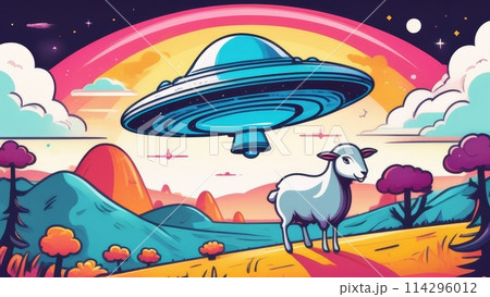 UFO over a field with white sheep , at dusk, vivid cartoon illustration UFO over a field with white sheep , at dusk, vivid cartoon illustration 114296012