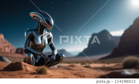 The alien creature with metal skin sitting in a mountain landscape The alien creature with metal skin sitting in a mountain landscape 114296013