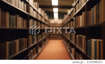 Deep focus along a library aisle flanked by shelves of books under ambient lighting 114296032