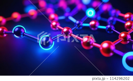 The connection of particles of molecules in neon light, on a dark background 114296202