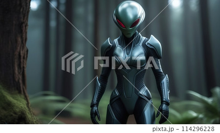 Portrait of an alien creature with metal skin standing in a forest 114296228