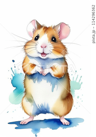 A watercolor illustration of a funny hamster standing on its hind legs 114296362