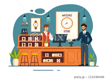 Watches Store Vector Illustration with Presentation of Stylish Wristwatch Collection Various Models, Analog and Digital in Flat Cartoon Background 114296406