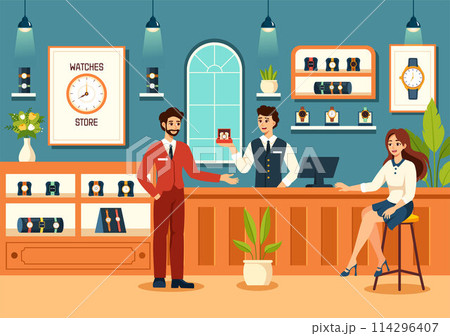 Watches Store Vector Illustration with Presentation of Stylish Wristwatch Collection Various Models, Analog and Digital in Flat Cartoon Background Watches Store Vector Illustration with Presentation of Stylish Wristwatch Collection Various Models, Analog and Digital in Flat Cartoon Background 114296407