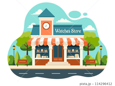 Watches Store Vector Illustration with Presentation of Stylish Wristwatch Collection Various Models, Analog and Digital in Flat Cartoon Background 114296412