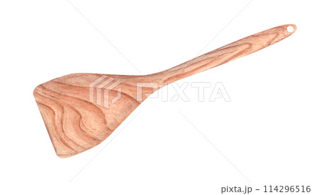 Wooden kitchen spatula. Utensils for cooking, stirring food. Kitchenware with wood texture. Top view. Watercolor illustration of culinary tool. Template for food menu, cookbook or recipe design 114296516