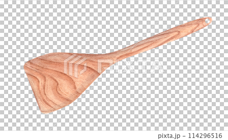 Wooden kitchen spatula. Utensils for cooking, stirring food. Kitchenware with wood texture. Top view. Watercolor illustration of culinary tool. Template for food menu, cookbook or recipe design 114296516