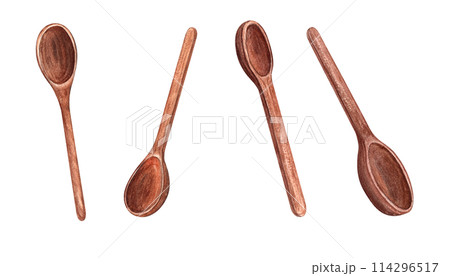 Natural wooden spoon set. Top and perspective view. Utensils for cooking. Kitchenware with wood texture. Watercolor illustration. Template for food menu, cookbook or recipe design 114296517
