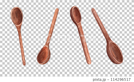 Natural wooden spoon set. Top and perspective view. Utensils for cooking. Kitchenware with wood texture. Watercolor illustration. Template for food menu, cookbook or recipe design 114296517