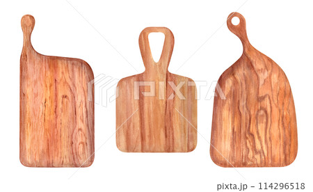 Set of empty wooden cutting boards with handle. Rectangle chopping graceful board with rounded corners. Top view. Kitchen tools. Watercolor illustration for cooking design, menu, books 114296518