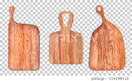 Set of empty wooden cutting boards with handle. Rectangle chopping graceful board with rounded corners. Top view. Kitchen tools. Watercolor illustration for cooking design, menu, books 114296518