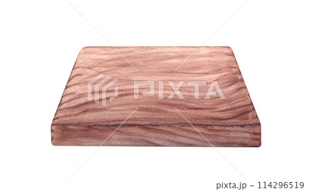 Wood brown plank. Surface with horizontal shabby texture. Perspective view. Rectangular serving board. Template for food projects, interior design. Watercolor illustration 114296519
