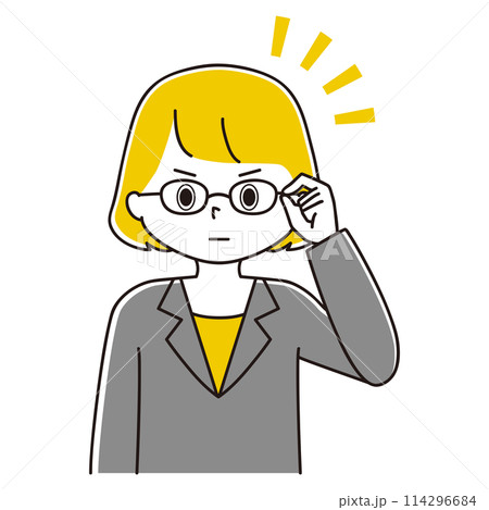 驚いて眼鏡を上げるスーツ姿の女性のイラスト 114296684