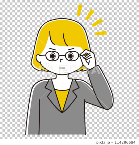 驚いて眼鏡を上げるスーツ姿の女性のイラスト 114296684