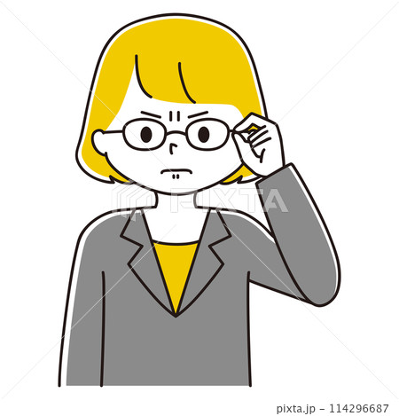 眉間にしわを寄せて眼鏡を上げるスーツ姿の女性のイラスト 眉間にしわを寄せて眼鏡を上げるスーツ姿の女性のイラスト 114296687