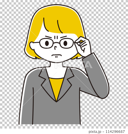 眉間にしわを寄せて眼鏡を上げるスーツ姿の女性のイラスト 眉間にしわを寄せて眼鏡を上げるスーツ姿の女性のイラスト 114296687