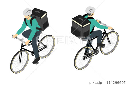 アイソメトリックイラスト:自転車でデリバリーする人 アイソメトリックイラスト:自転車でデリバリーする人 114296695