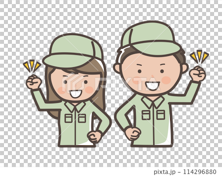 Illustration of male and female workers (delivery staff) in work clothes full of motivation with a fist pump 114296880