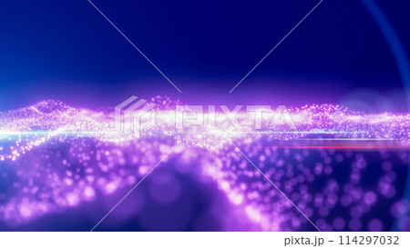 Purple energy glowing magic waves high tech digital iridescent with light rays lines and bokeh energy particles. Abstract background Purple energy glowing magic waves high tech digital iridescent with light rays lines and bokeh energy particles. Abstract background 114297032